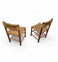 2 x pine wood woven reed dining chairs / France 1950s