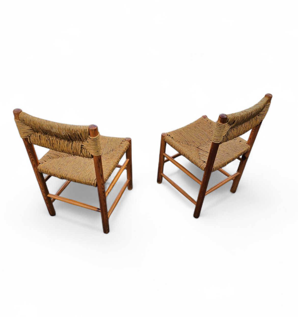 2 x pine wood woven reed dining chairs / France 1950s