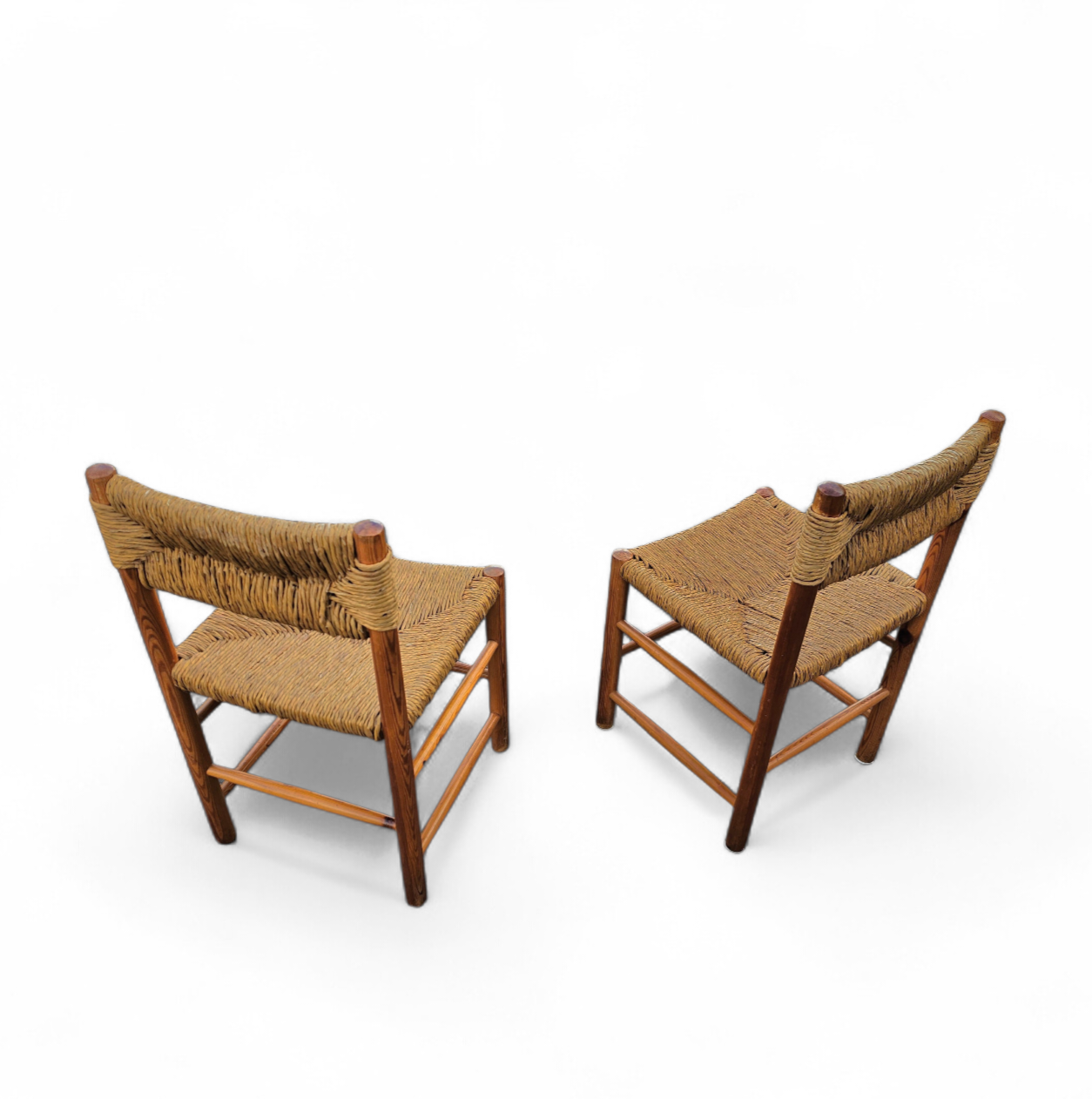 2 x pine wood woven reed dining chairs / France 1950s