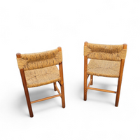 2 x pine wood woven reed dining chairs / France 1950s