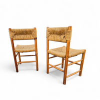 2 x pine wood woven reed dining chairs / France 1950s
