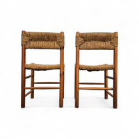 2 x pine wood woven reed dining chairs / France 1950s