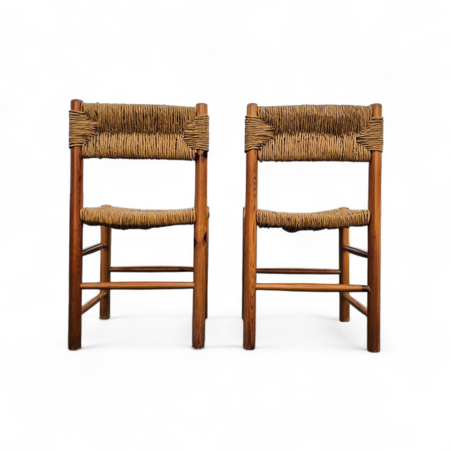 2 x pine wood woven reed dining chairs / France 1950s