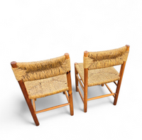 2 x pine wood woven reed dining chairs / France 1950s