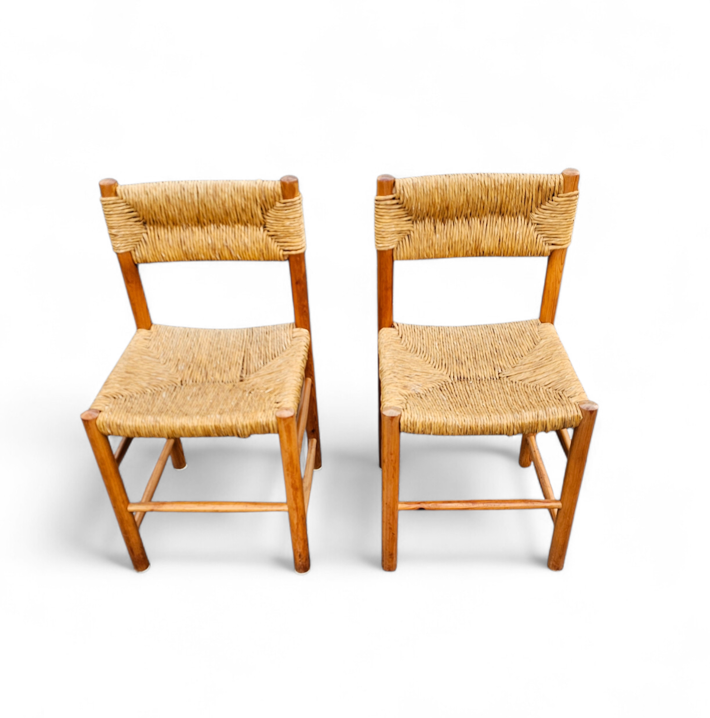 2 x pine wood woven reed dining chairs / France 1950s
