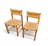 2 x pine wood woven reed dining chairs / France 1950s