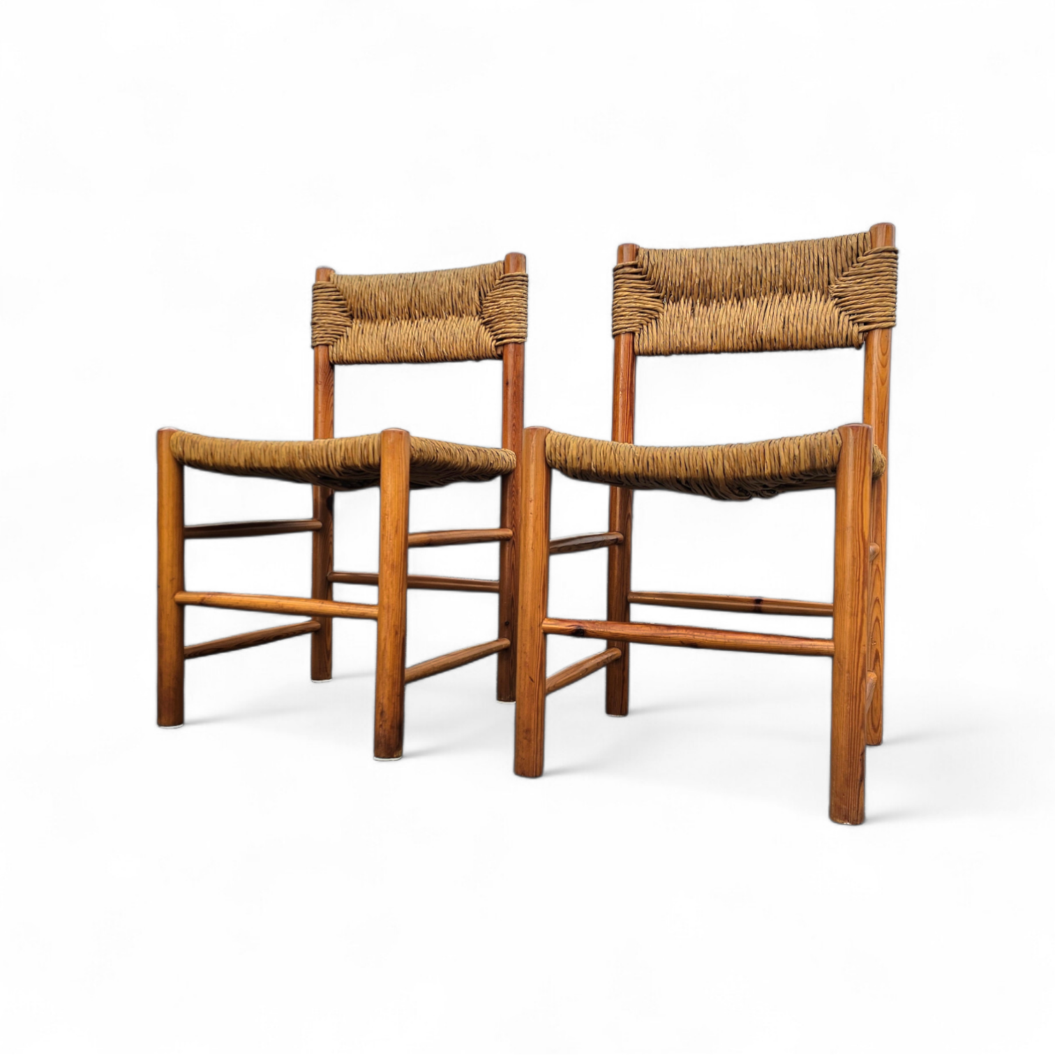 2 x pine wood woven reed dining chairs / France 1950s