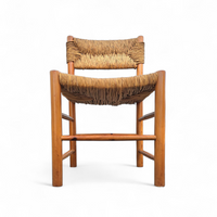 2 x pine wood woven reed dining chairs / France 1950s