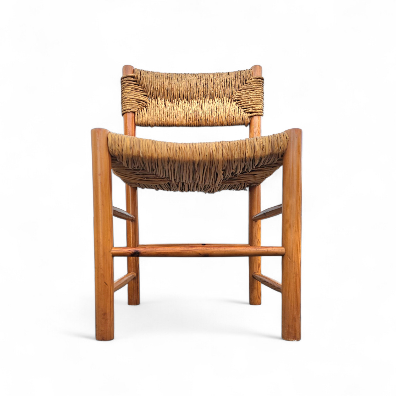 2 x pine wood woven reed dining chairs / France 1950s