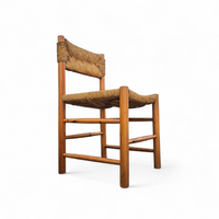 2 x pine wood woven reed dining chairs / France 1950s