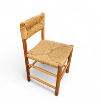 2 x pine wood woven reed dining chairs / France 1950s