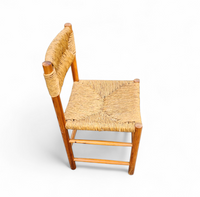 2 x pine wood woven reed dining chairs / France 1950s