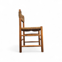 2 x pine wood woven reed dining chairs / France 1950s