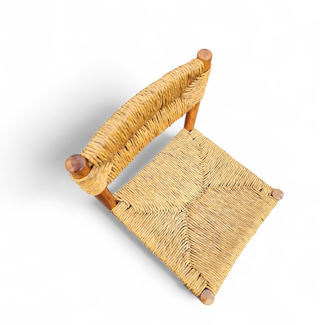 2 x pine wood woven reed dining chairs / France 1950s