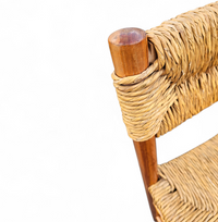 2 x pine wood woven reed dining chairs / France 1950s