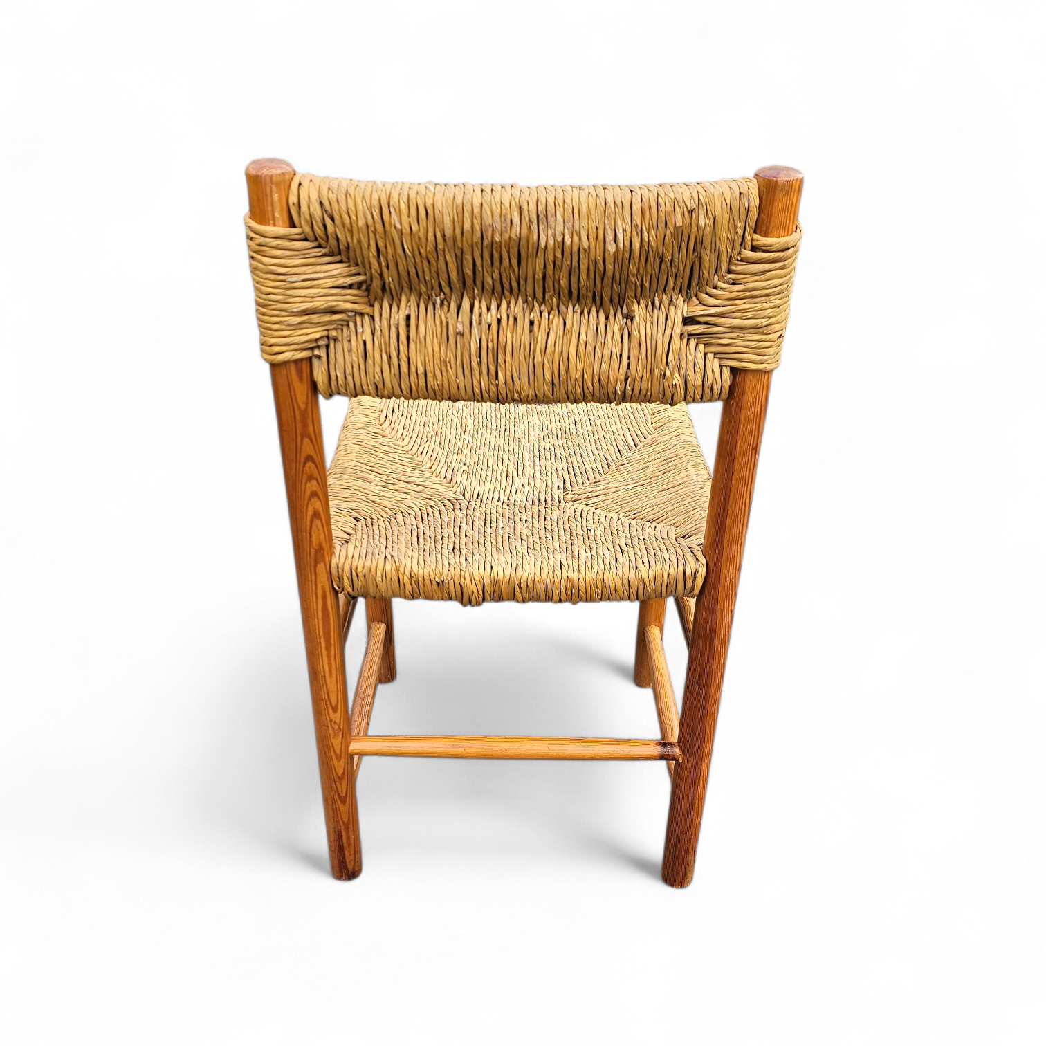 2 x pine wood woven reed dining chairs / France 1950s