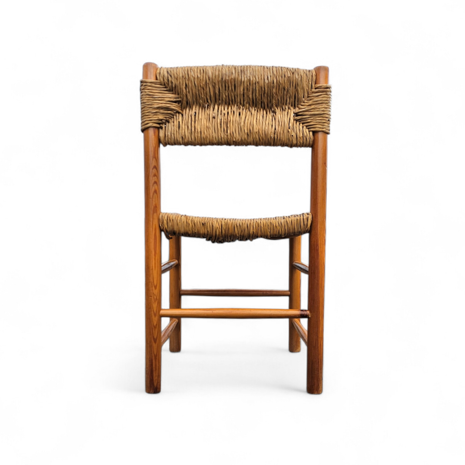 2 x pine wood woven reed dining chairs / France 1950s