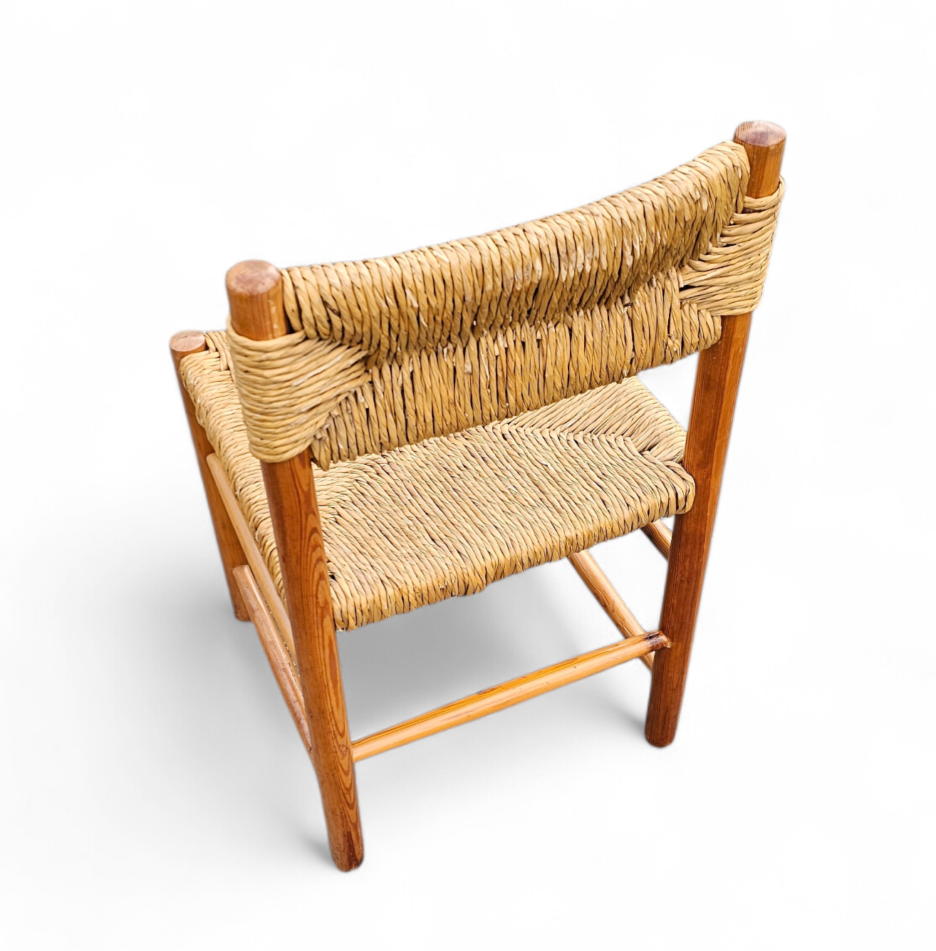 2 x pine wood woven reed dining chairs / France 1950s