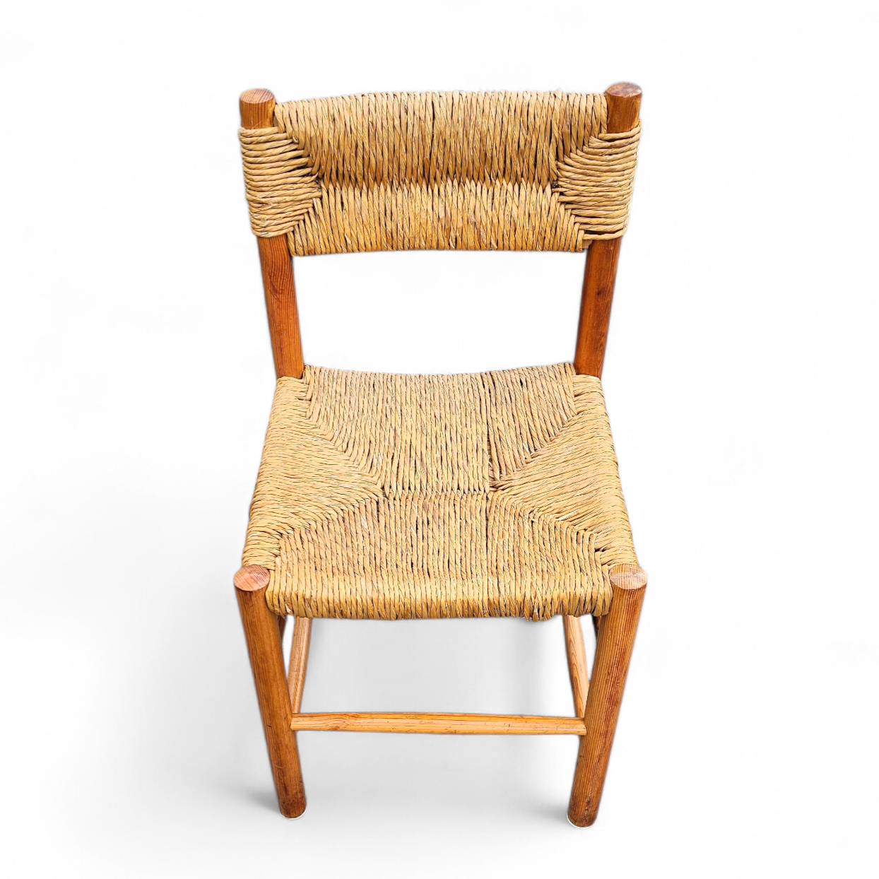 2 x pine wood woven reed dining chairs / France 1950s