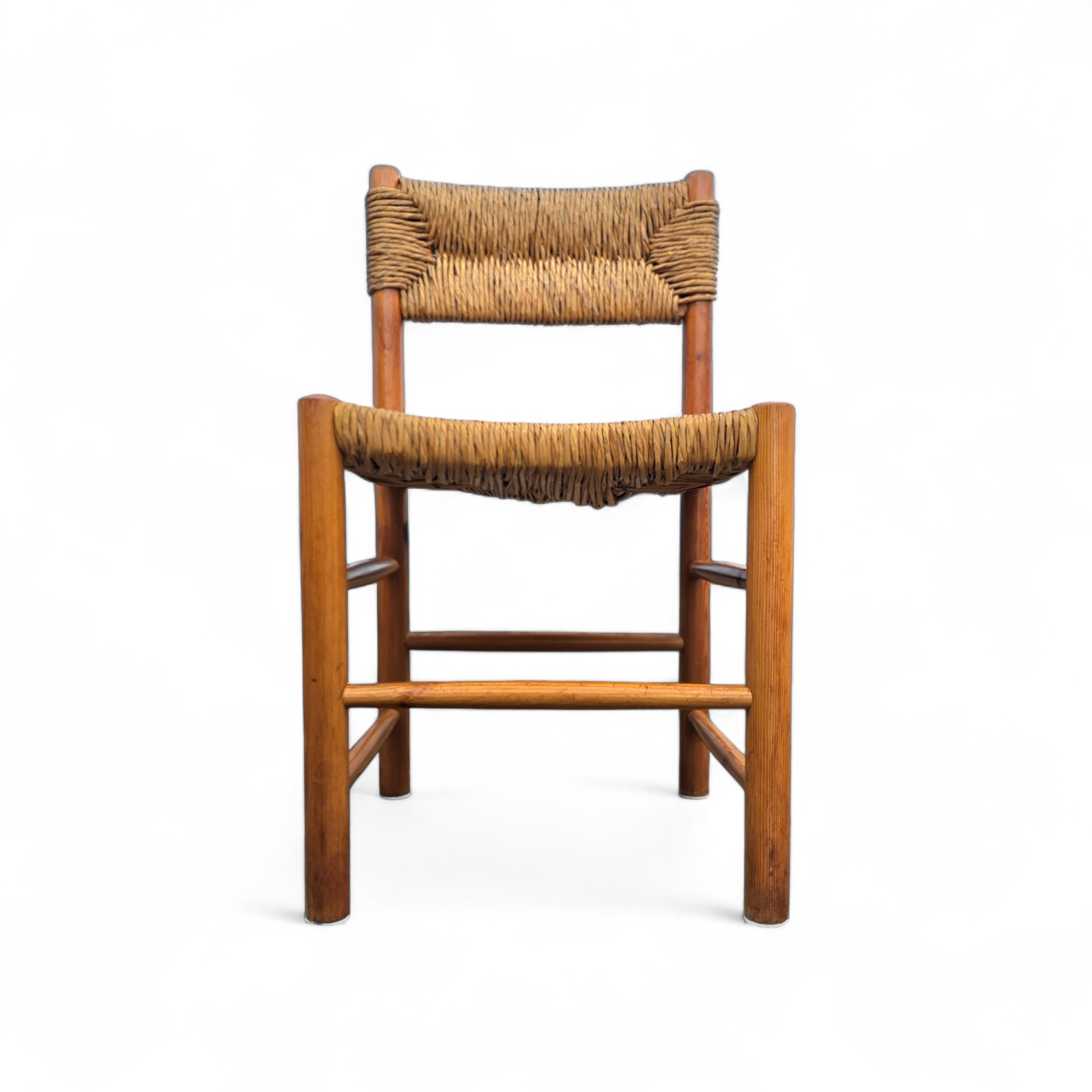 2 x pine wood woven reed dining chairs / France 1950s