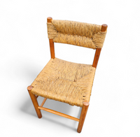 2 x pine wood woven reed dining chairs / France 1950s