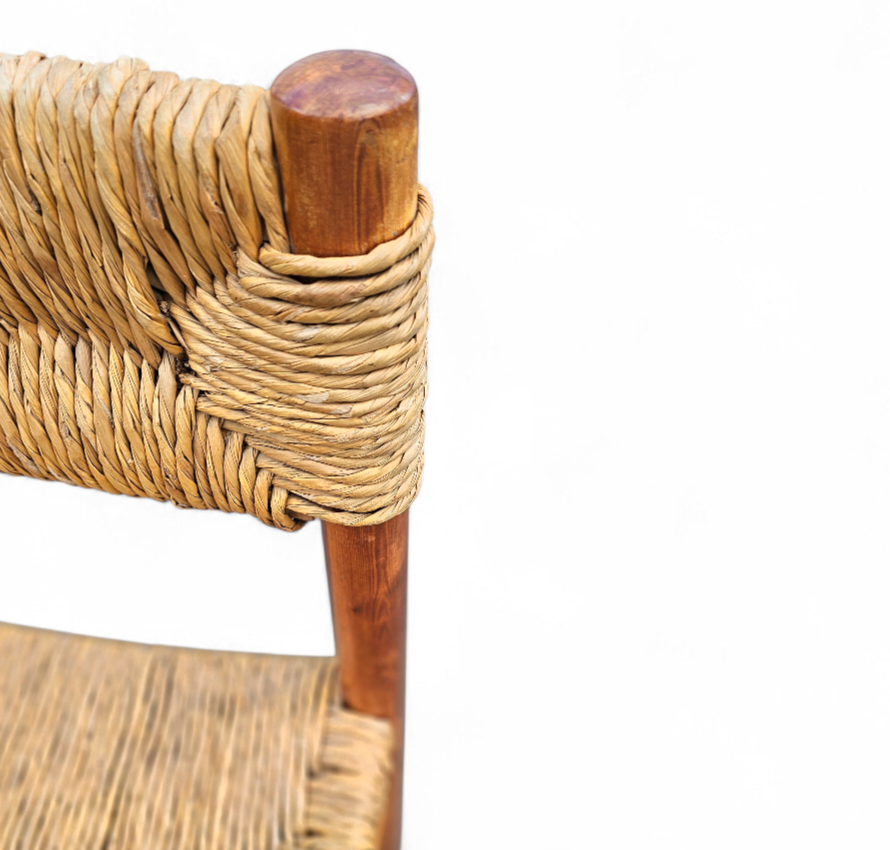 2 x pine wood woven reed dining chairs / France 1950s