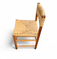 2 x pine wood woven reed dining chairs / France 1950s