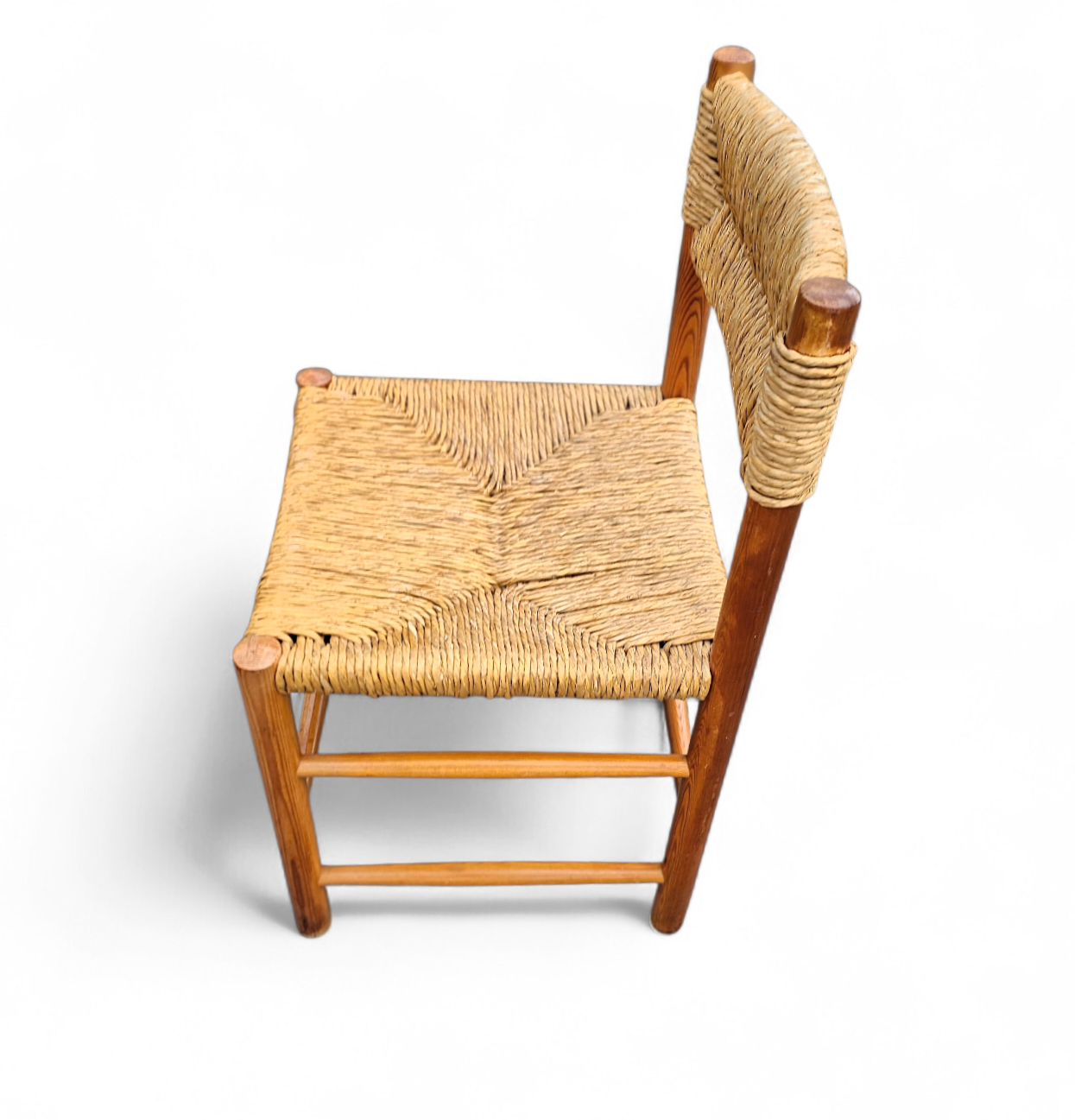 2 x pine wood woven reed dining chairs / France 1950s