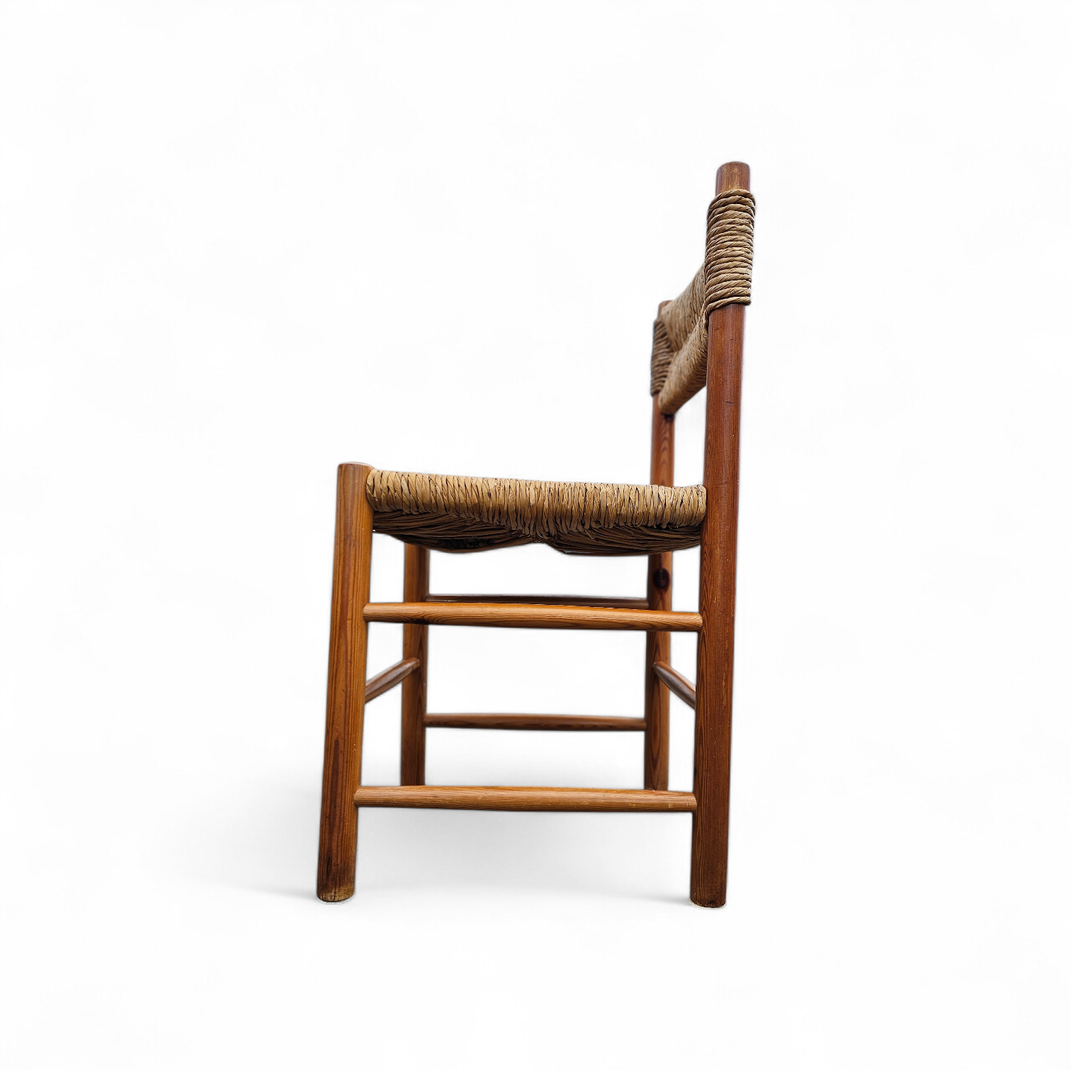 2 x pine wood woven reed dining chairs / France 1950s