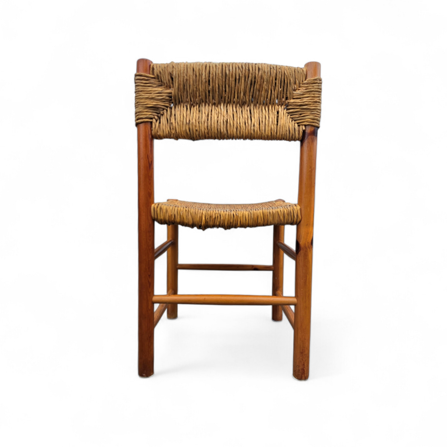 2 x pine wood woven reed dining chairs / France 1950s