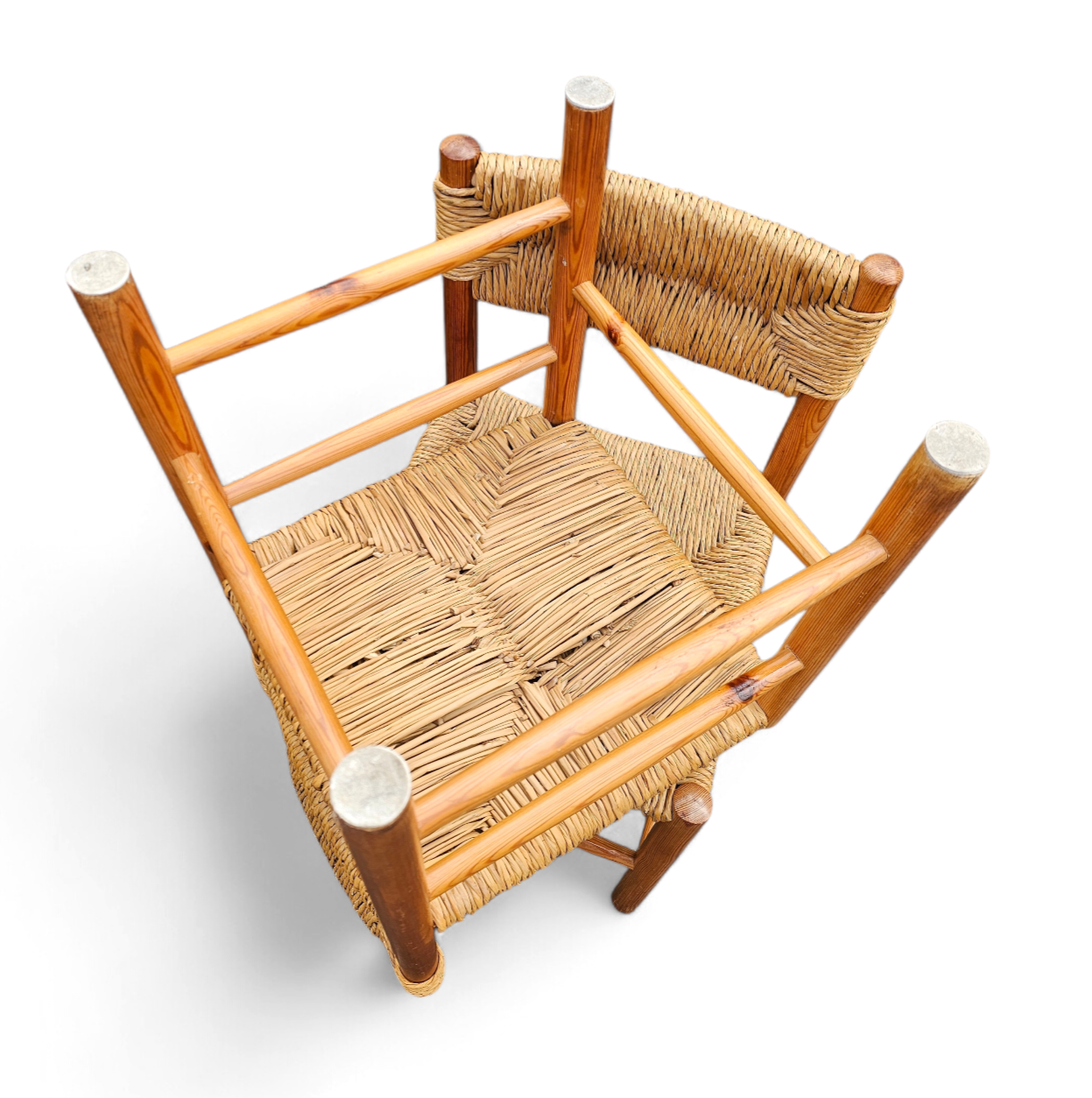 2 x pine wood woven reed dining chairs / France 1950s