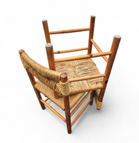 2 x pine wood woven reed dining chairs / France 1950s