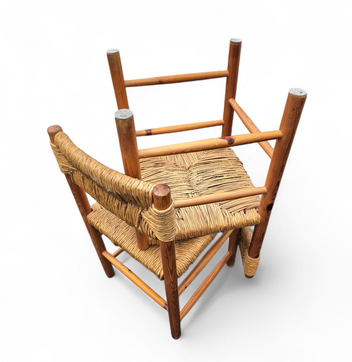 2 x pine wood woven reed dining chairs / France 1950s