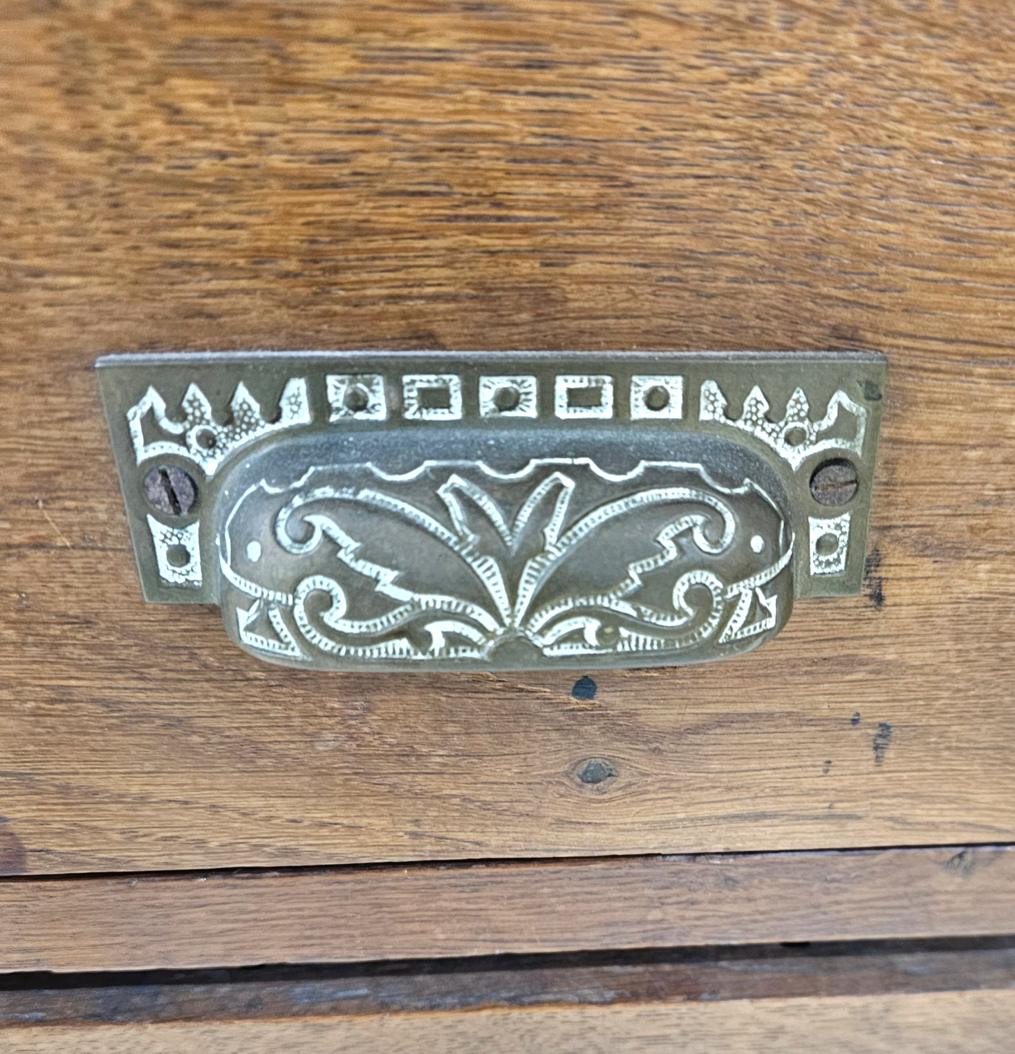 Victorian oak desk / Bin or Drawer Cup Pull by P. & F. Corbin  / 1920s