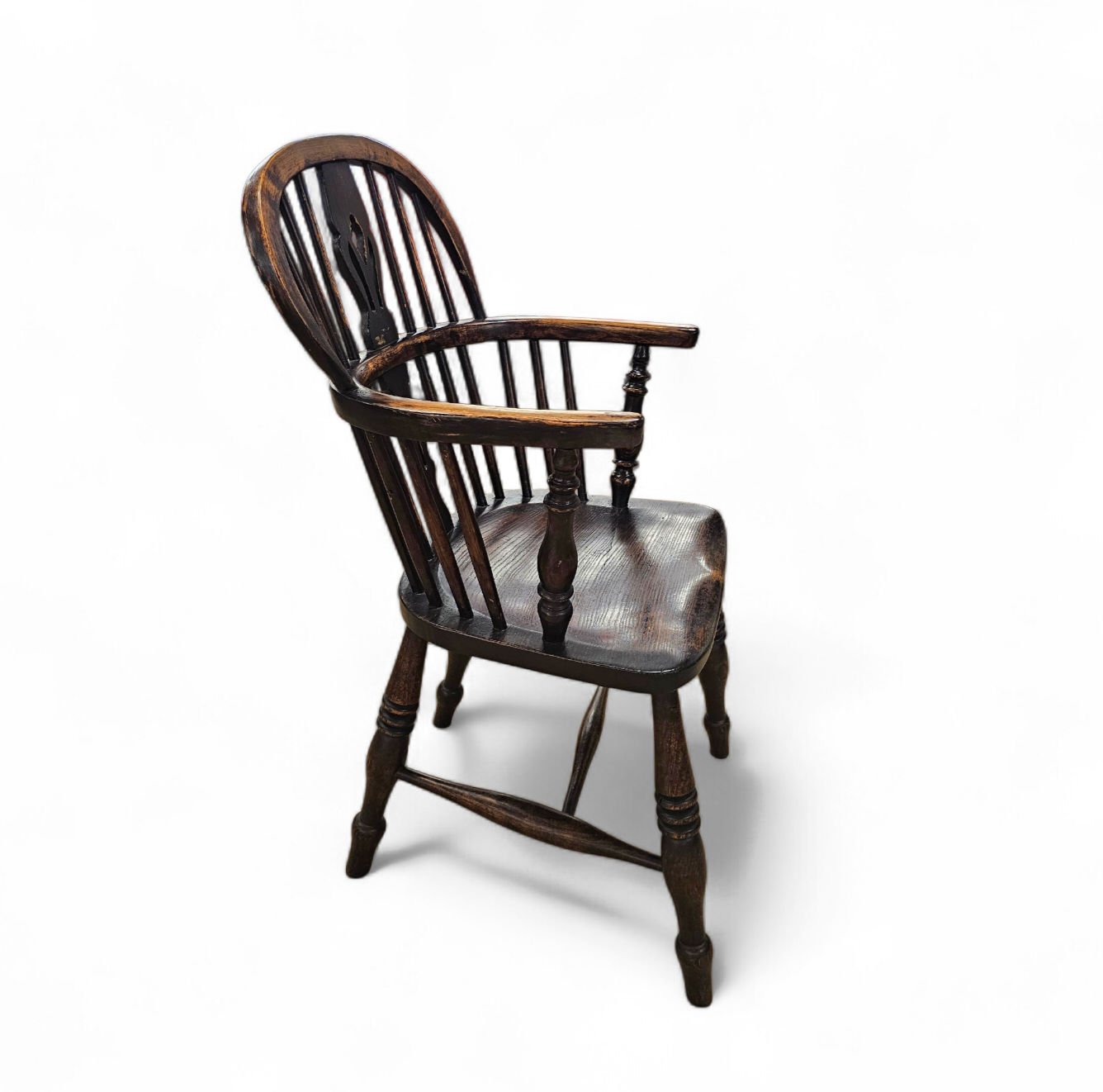 4 x Antique Windsor 2 Low / 2 high Spindle Back Arm Chair In Elm Wood / 19th Century
