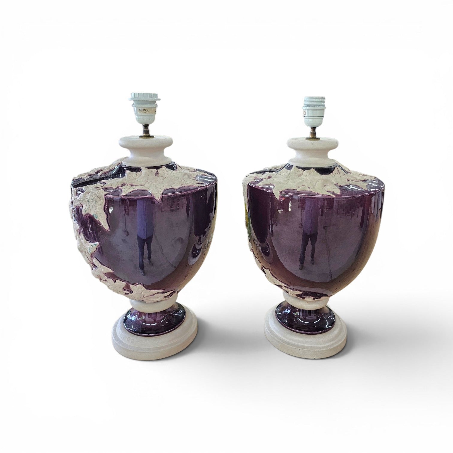 2 x large Kostka floral ceramic vase lamp / 1970s / France