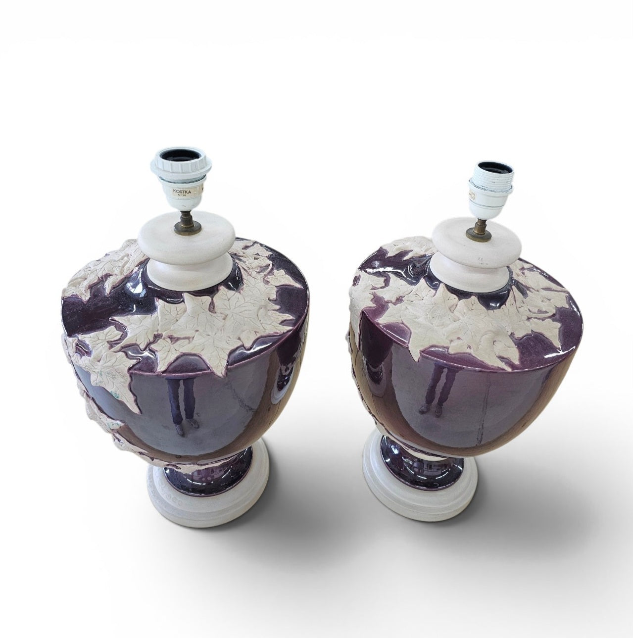 2 x large Kostka floral ceramic vase lamp / 1970s / France