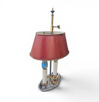 Nickel-plated Bouillotte lamp with 2 candle holders and red tin shade / mid century