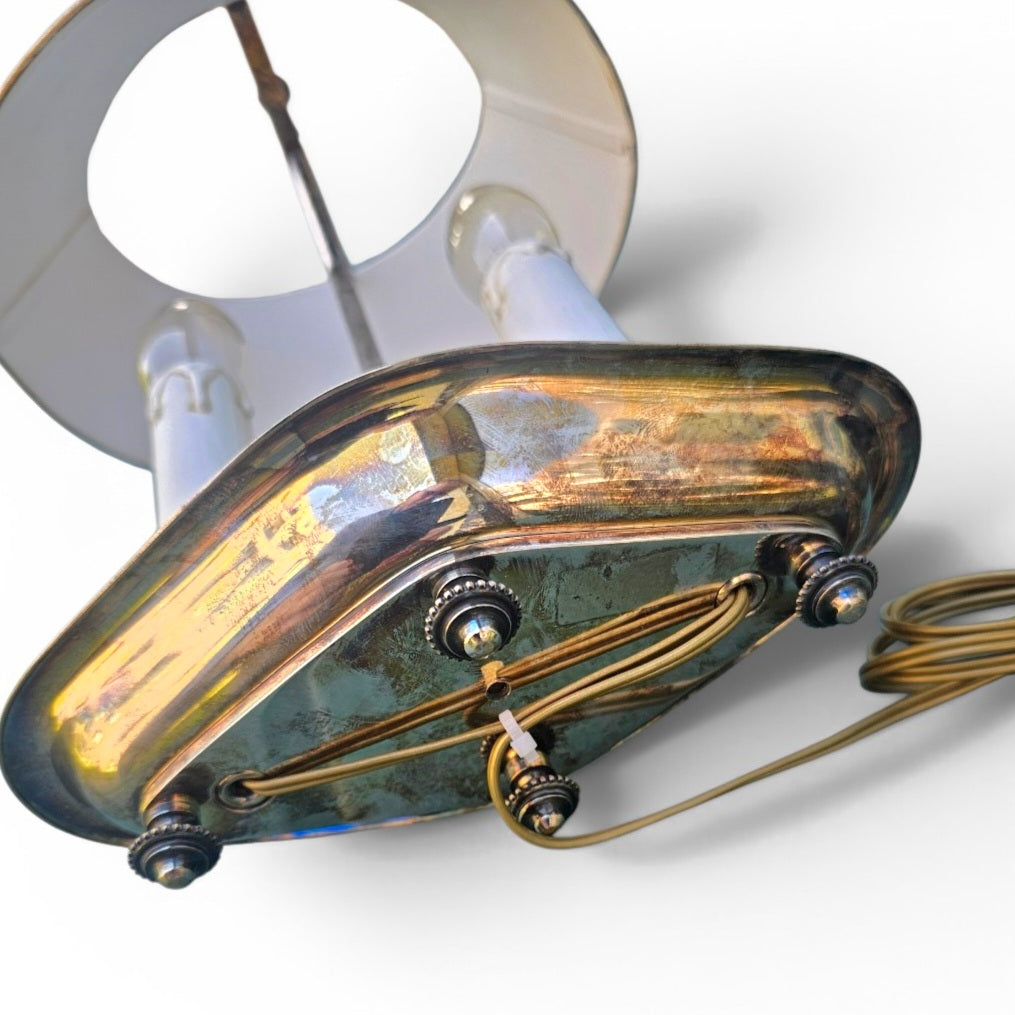 Nickel-plated Bouillotte lamp with 2 candle holders and red tin shade / mid century
