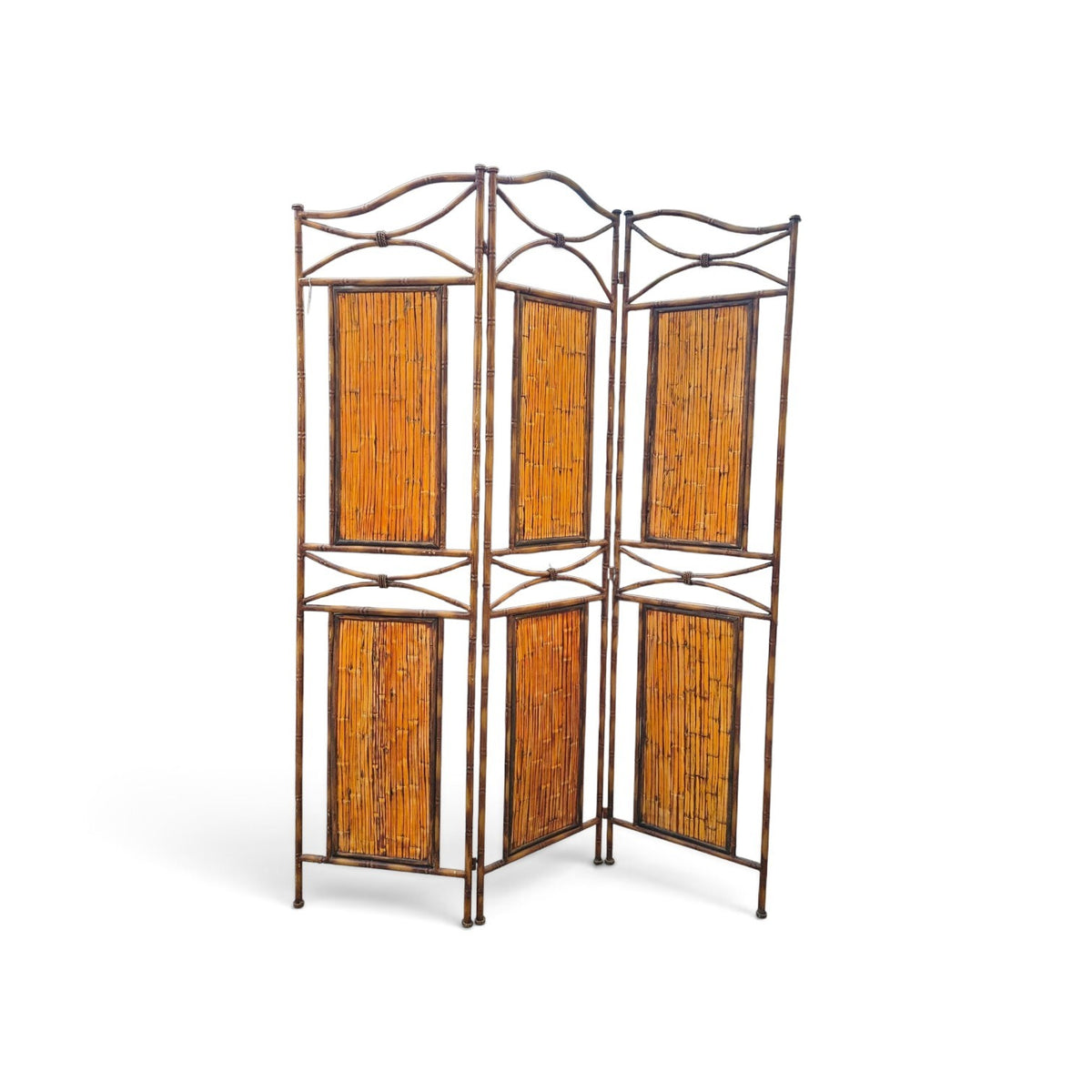 Faux bamboo metal room divider with bamboo panels / 1980s