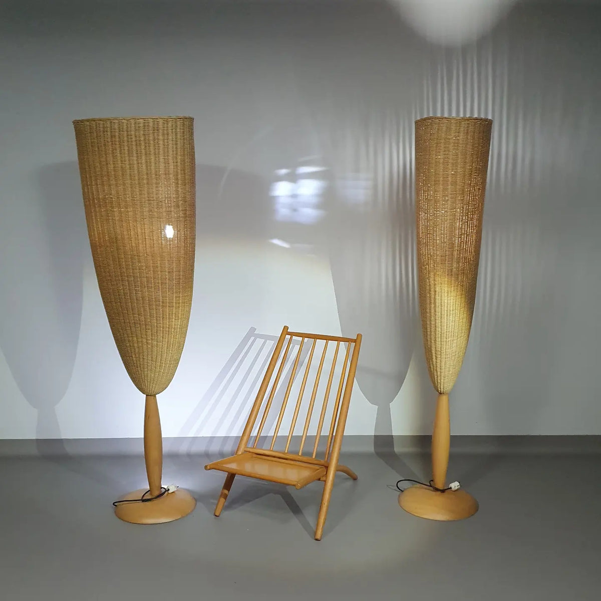 2 x Marco Agnoli for Pierantonio Bonacina XL / Flûte Floor Lamp in Cane and Wood