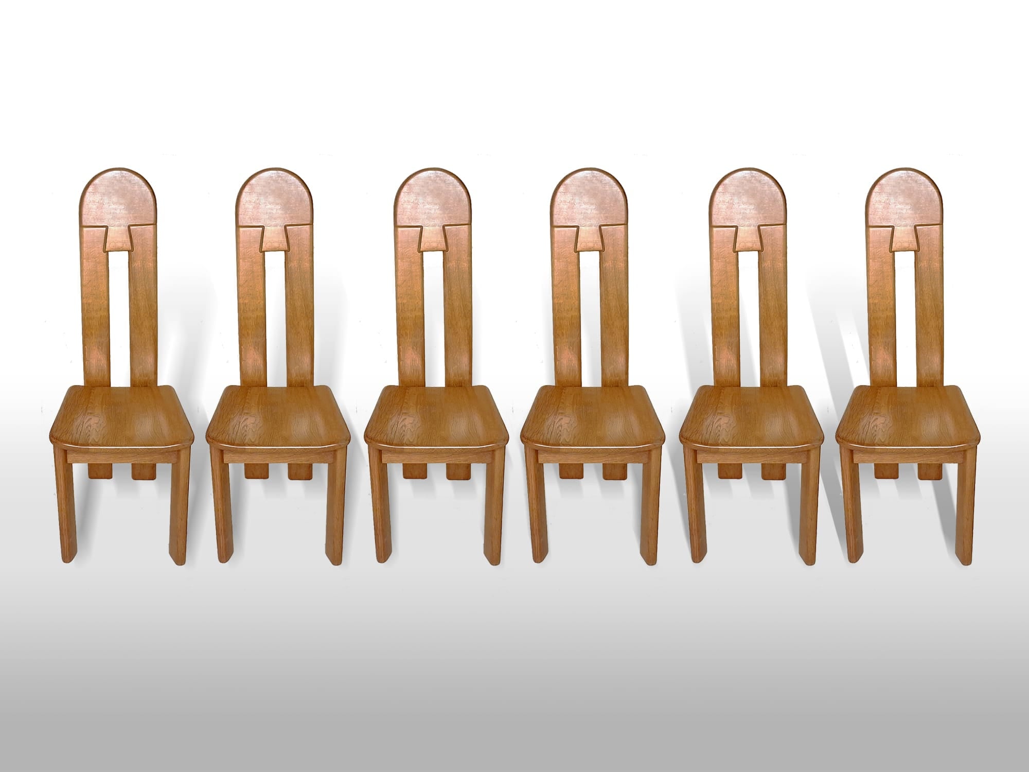6 x De Puydt Rapsodie oak Brutalist dining chair from the 1970s.