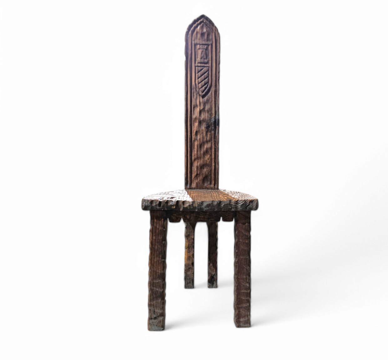 Brutalist primitive hall chair / hand-carved from solid wood and detailed with beautiful gouge woodwork