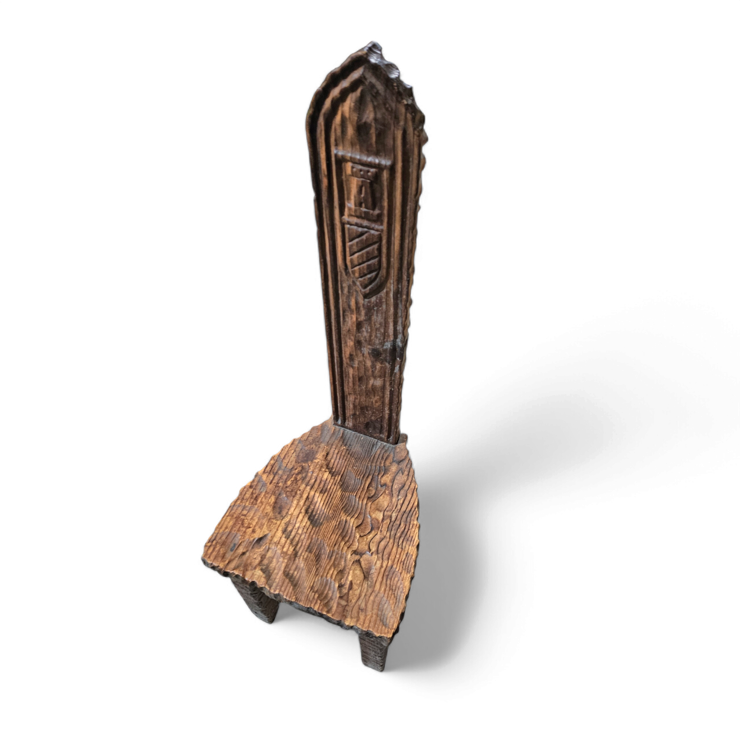 Brutalist primitive hall chair / hand-carved from solid wood and detailed with beautiful gouge woodwork
