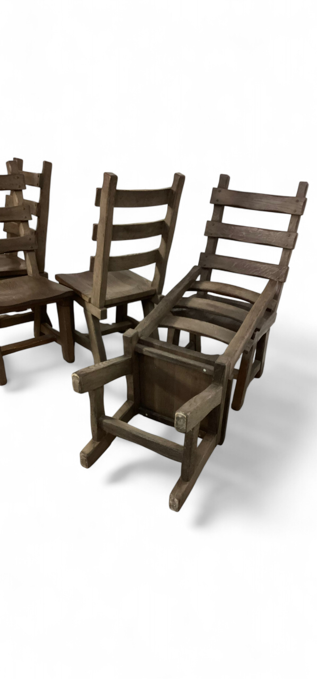 6 x Brutalist oak dining chairs / Belgium 1970s