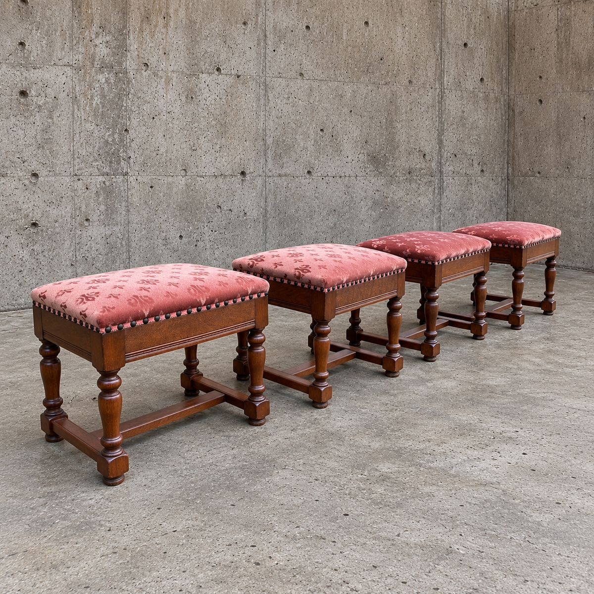 4 x Stool benche / Château Style Louis XIV French /Catalan Vintage Velvet Upholstery / 1950s