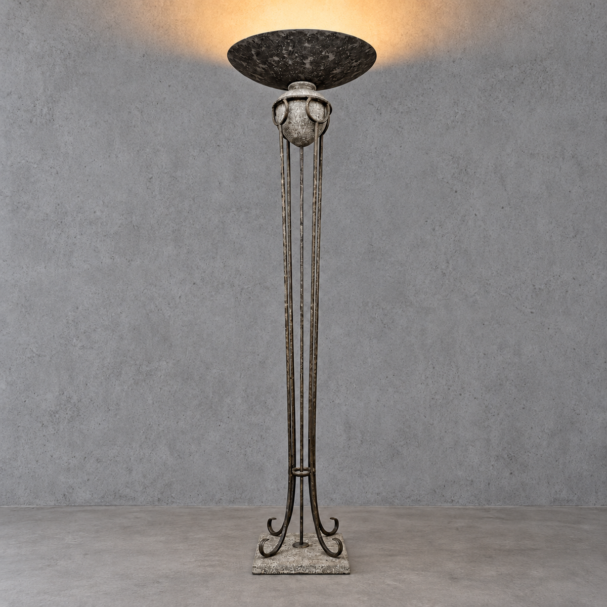 Neo classic forged floorlamp / metal shade/ stone base / 1970s