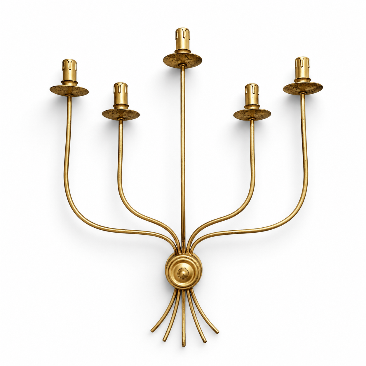 Large 5-arm metal brass painted wall sconce or candlestick featuring a sleek, minimalist mid-century design