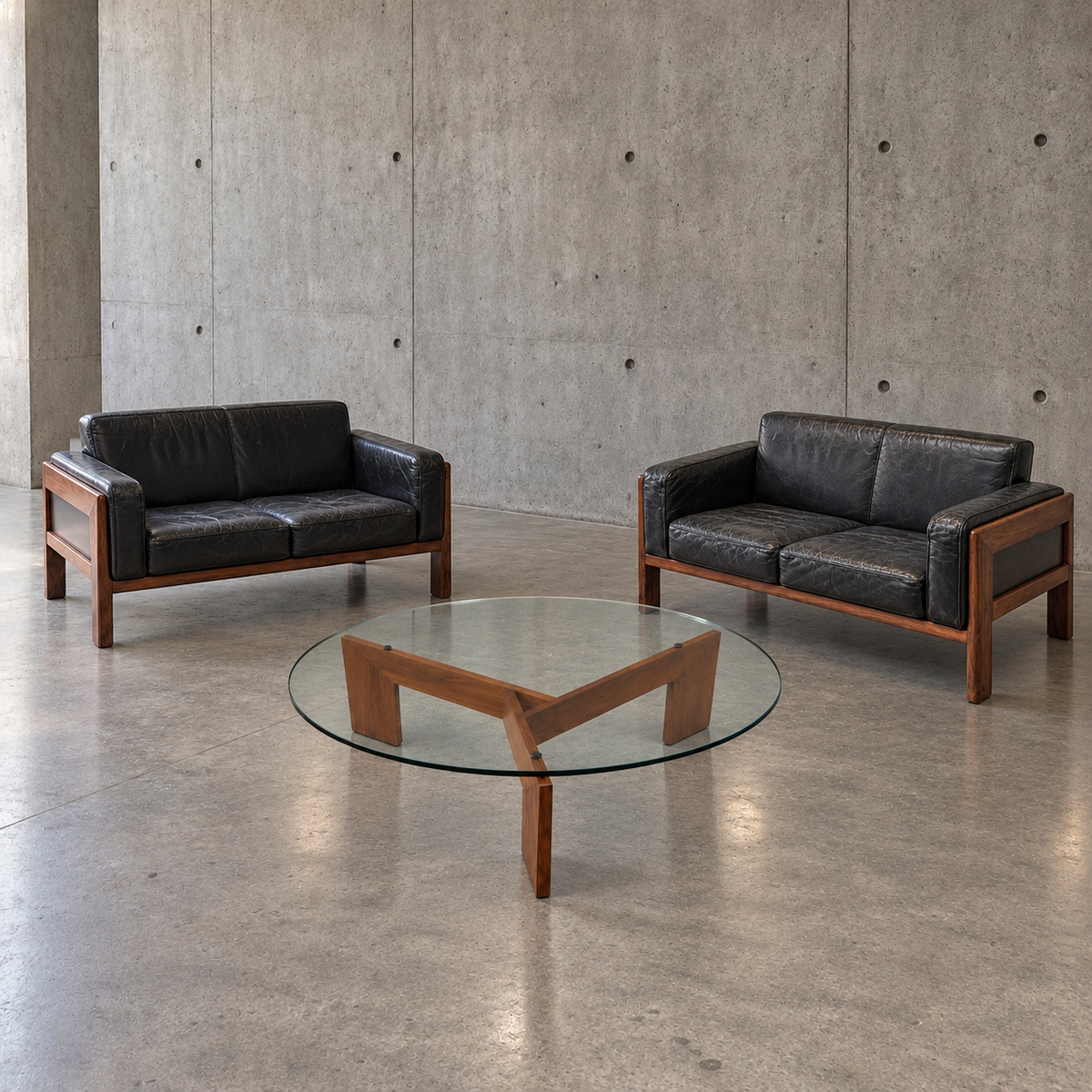 2 x Italian mid-century rosewood black leather sofa Bastiano by Afra Tobia Scarpa / Knoll / Gavina / 1960s