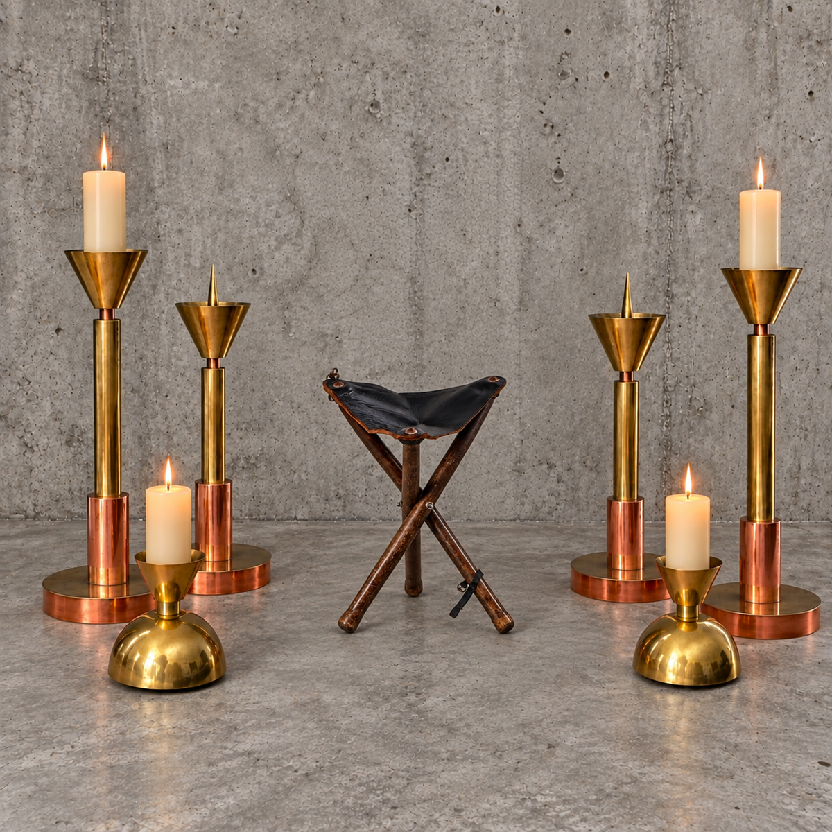 4 x Large / weighty postmodern candles / 1970s / two heights 60 - 70 cm / copper - brass